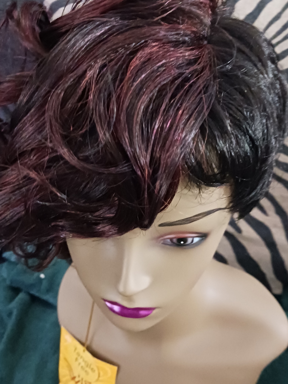 NWT Women’s Short Curly Synthetic Wig in Burgundy and Black